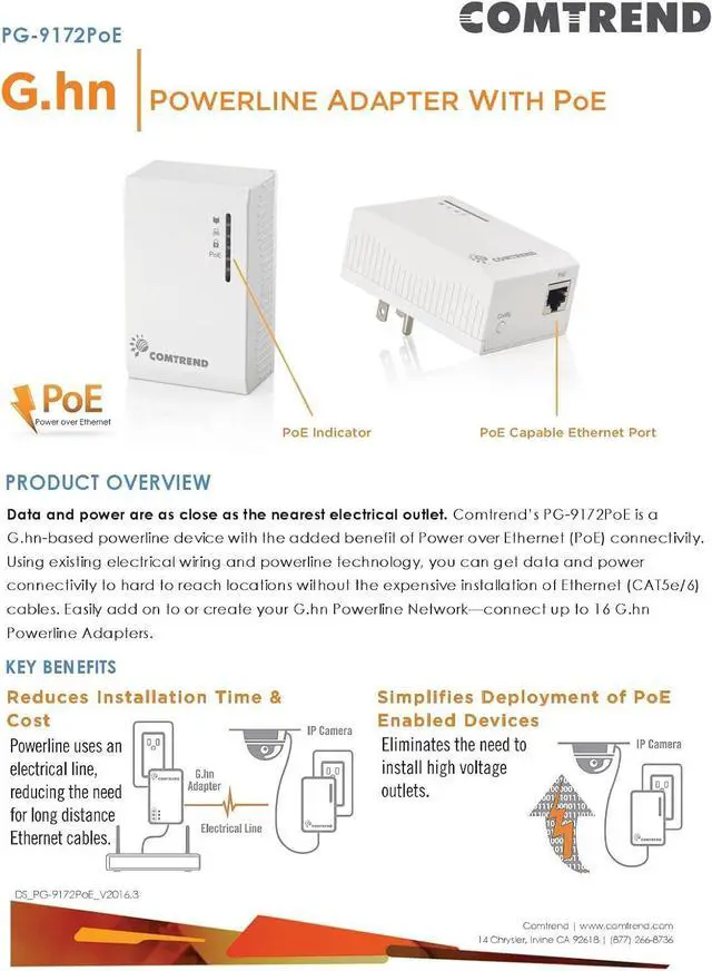Alt view image 3 of 6 - Comtrend G.hn Powerline Ethernet +PoE Adapter  Add to Your Existing G.hn Network or Get a Second Adapter to Create a New One, Reliable Data & Power Solution, Easy PoE Deployment  1.2Gbps, PG-9172PoE