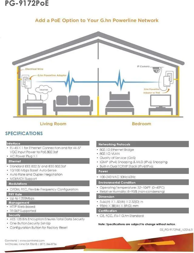 Alt view image 4 of 6 - Comtrend G.hn Powerline Ethernet +PoE Adapter  Add to Your Existing G.hn Network or Get a Second Adapter to Create a New One, Reliable Data & Power Solution, Easy PoE Deployment  1.2Gbps, PG-9172PoE
