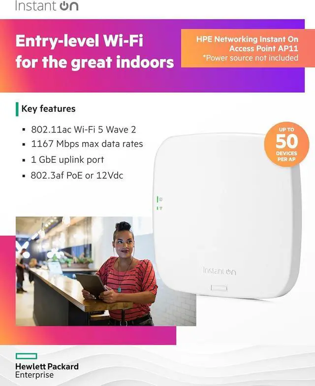 Alt view image 3 of 7 - HPE Networking Instant On Access Point AP11 2x2 WiFi 5 Indoor Wireless Access Point | Power Source Not Included | US Model (R2W95A)