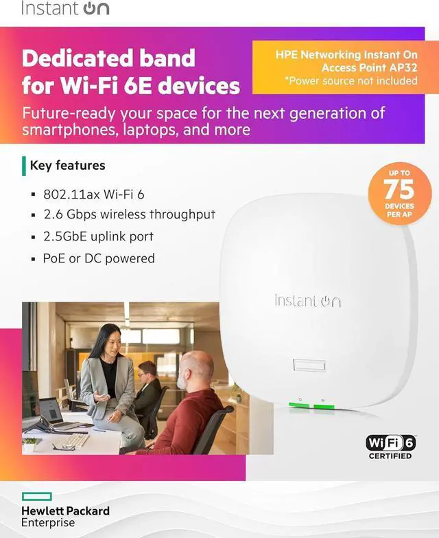 Alt view image 3 of 7 - HPE Networking Instant On Access Point AP32 2x2 WiFi 6E Indoor Wireless Access Point | Secure, Tri-Band, Future Ready | Power Source Not Included | US Model (S1T22A)