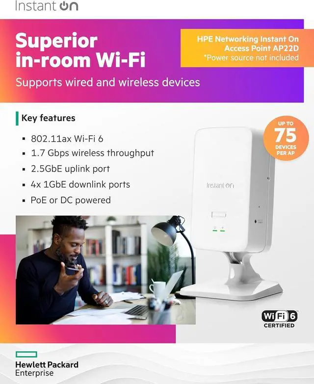 Alt view image 3 of 7 - HPE Networking Instant On Access Point AP22D 2x2 WiFi 6 Indoor Wireless Access Point | Single-Room, Secure, Smart Mesh Support | Power Source NOT Included | US Model (S1U75A)
