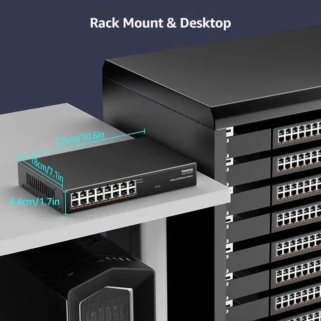 Alt view image 5 of 7 - YuanLey 16 Port 2.5GB Umanaged Ethernet Switch, 16 x 2.5G Base-T Ports, Compatible with 100/1000/2500Mbps, Metal Fanless, Desktop/Rack Mount YuanLey 2.5 Gigabit Network Switch for Wireless AP, PC