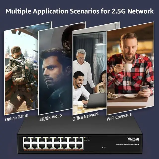 Alt view image 7 of 7 - YuanLey 16 Port 2.5GB Umanaged Ethernet Switch, 16 x 2.5G Base-T Ports, Compatible with 100/1000/2500Mbps, Metal Fanless, Desktop/Rack Mount YuanLey 2.5 Gigabit Network Switch for Wireless AP, PC