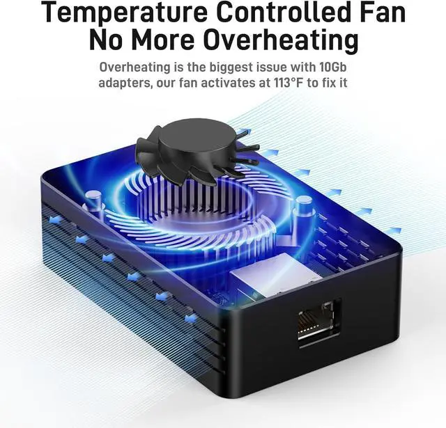 Alt view image 3 of 6 - NEWQ 10GbE Ethernet Adapter - Compatible with Thunderbolt 3/4, Built-in 113°F Self-Starting Temperature Controlled Fan, Includes Cable, High-Speed RJ45 Network Connections for Mac and Windows