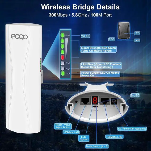 Alt view image 2 of 7 - Point to Point Wireless Bridge Outdoor, 5.8G 100Mbps WiFi Bridges with 14dBi Antenna 3KM Starlink WiFi Extender with Ethernet Port for Starlink and Home Internet Network Extension (2 Pack)