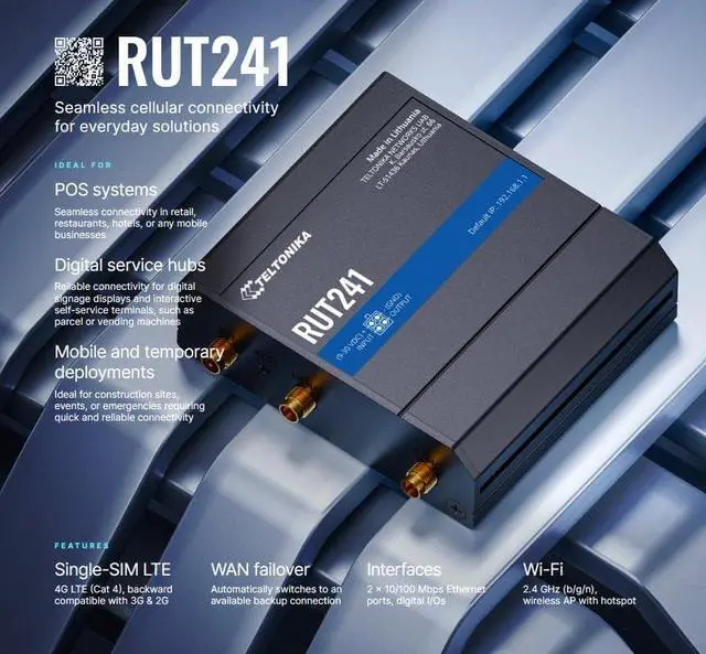Alt view image 3 of 6 - Teltonika RUT241 Industrial 4G LTE Router  Compact & Rugged Wireless Router with Ethernet, WiFi, VPN, RMS Support, Remote Monitoring, and IoT Connectivity (RUT241098000)