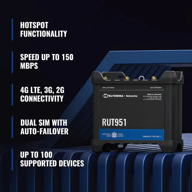Alt view image 2 of 7 - Teltonika RUT951 Industrial WiFi Cellular Router - 4G LTE (CAT 4), 3G - Wireless Access Point with Hotspot Functionality - Automatic WAN Failover, Dual SIM Internet Router (TELRUT951A00800)