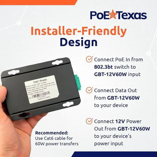Alt view image 5 of 6 - PoE Texas 802.3bt PoE++ to 12V Splitter with 60W Output - Works with Cisco UPOE & 802.3bt Switches - Gigabit Data Splitter with Phoenix Connector for Tablet Computers, Wireless APs, Network Cameras