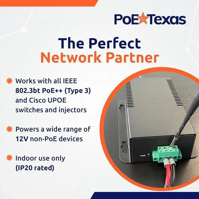 Alt view image 6 of 6 - PoE Texas 802.3bt PoE++ to 12V Splitter with 60W Output - Works with Cisco UPOE & 802.3bt Switches - Gigabit Data Splitter with Phoenix Connector for Tablet Computers, Wireless APs, Network Cameras