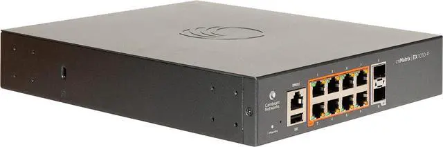 Main image of Cambium Networks cnMatrix EX1010-P Switch - 20 Gbps Throughput - 8 Ethernet PoE+ Enabled Ports @ 75W - 2 SFP Fiber Uplink Ports - 512 MB DRAM - 128 MB Flash Storage (No Power Cord, US)- MX-EX1010PxA-1