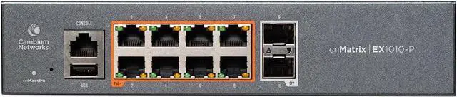 Alt view image 2 of 7 - Cambium Networks cnMatrix EX1010-P Switch - 20 Gbps Throughput - 8 Ethernet PoE+ Enabled Ports @ 75W - 2 SFP Fiber Uplink Ports - 512 MB DRAM - 128 MB Flash Storage (No Power Cord, US)- MX-EX1010PxA-1