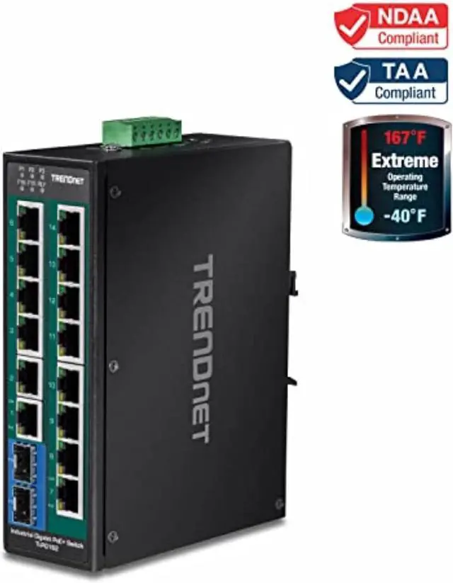 Alt view image 3 of 7 - TRENDnet 16-Port Hardened Industrial Unmanaged Gigabit PoE+ DIN-Rail Switch; TI-PG162; 14 x Gigabit Ports; 2 x Gigabit SFP Slots; 32Gbps; IP30 Gigabit Network Ethernet Switch; Lifetime Protection