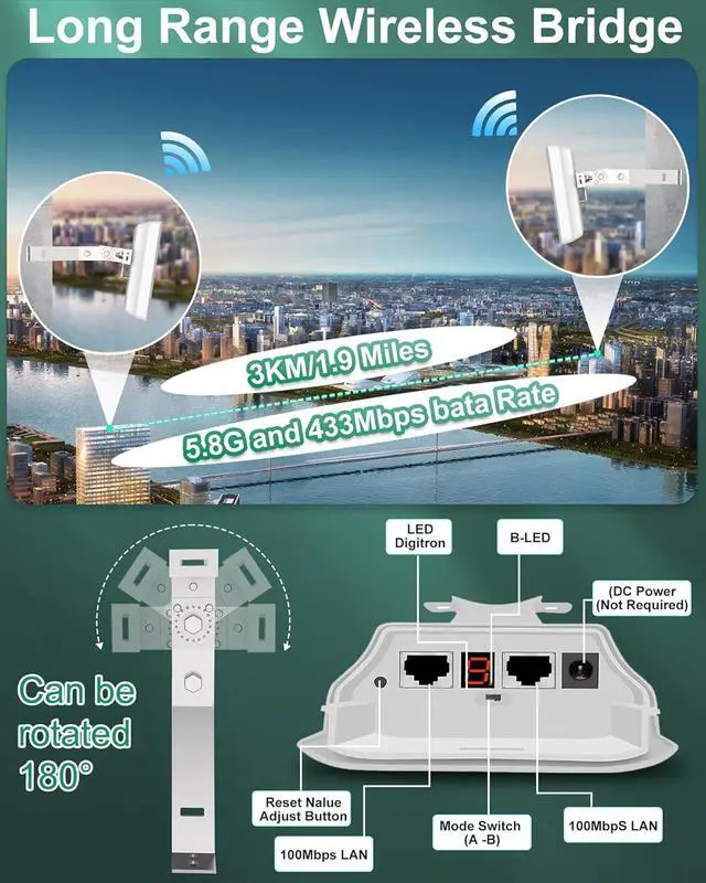 Alt view image 4 of 7 - Point to Point Wireless Bridge with 2 Bracket Mounts, 2KM 5.8G Outdoor Starlink WiFi Extender, Long Range Network Bridge, PtP/PtMP, 12DBi High Gain Antenna, PoE Adapter, 2 RJ45 Port (2-Pack)