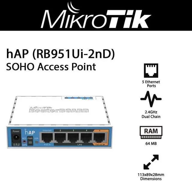 Alt view image 2 of 6 - Mikrotik RouterBoard hAP 2.4Ghz 802.11b/g/n 2x2 64MB Wireless Access Point 5x10/100 USB for 3G/4G, OSL4 - RB951Ui-2nD