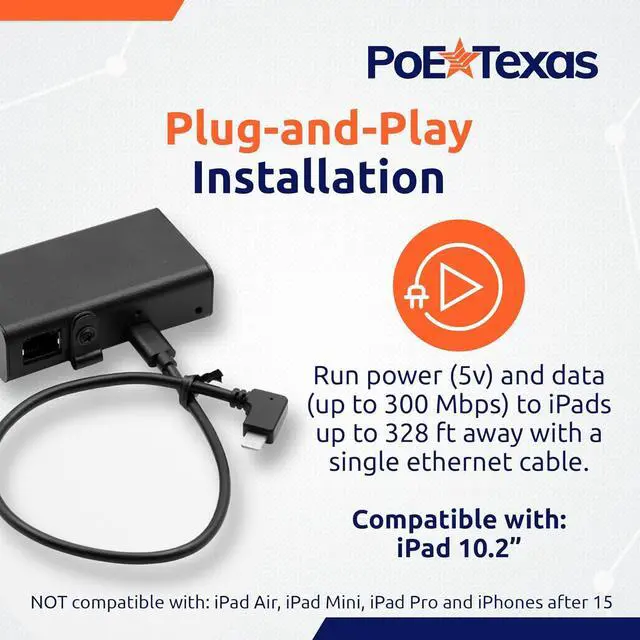Alt view image 5 of 6 - PoE Texas 802.3af Ethernet to Lightning Adapter - PoE Adapter (USB-C to Lightning) Delivers 5V 10W Power and up to 300 Mpbs Wired Data in Aluminum Enclosure for Conference Rooms, Mounted Tablets, iPad