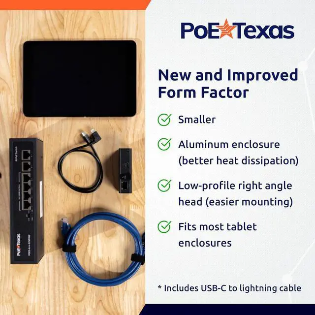 Alt view image 4 of 6 - PoE Texas 802.3af Ethernet to Lightning Adapter - PoE Adapter (USB-C to Lightning) Delivers 5V 10W Power and up to 300 Mpbs Wired Data in Aluminum Enclosure for Conference Rooms, Mounted Tablets, iPad