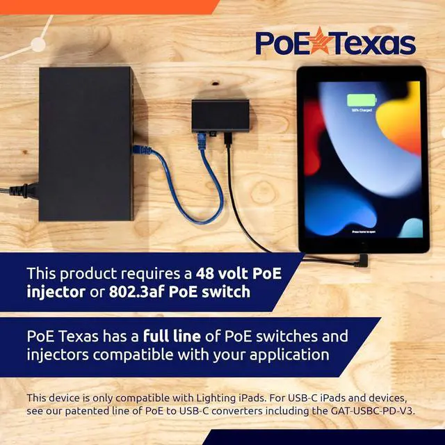 Alt view image 6 of 6 - PoE Texas 802.3af Ethernet to Lightning Adapter - PoE Adapter (USB-C to Lightning) Delivers 5V 10W Power and up to 300 Mpbs Wired Data in Aluminum Enclosure for Conference Rooms, Mounted Tablets, iPad