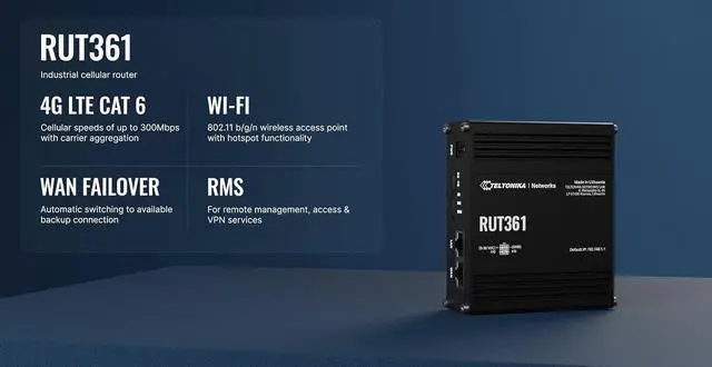 Alt view image 3 of 7 - Teltonika RUT361 Industrial 4G LTE Router  Compact & Rugged Cellular Wireless Router with Ethernet, WiFi, VPN, RMS Support, Remote Monitoring, and IoT connectivity (RUT361200800)