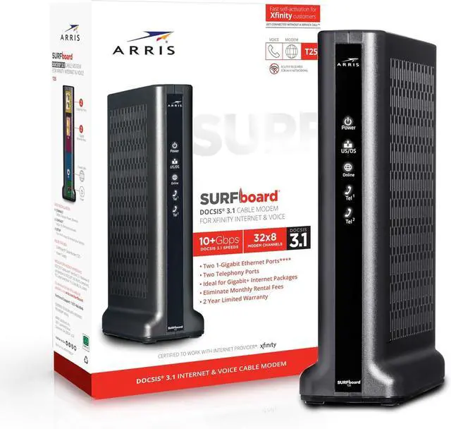 Alt view image 3 of 5 - ARRIS (T25) - Cable Modem - Fast DOCSIS 3.1 Gigabit Cable Modem , Comcast Xfinity Internet & Voice , Two 1 Gbps Ports, 800 Mbps Max with Xfinity Plan