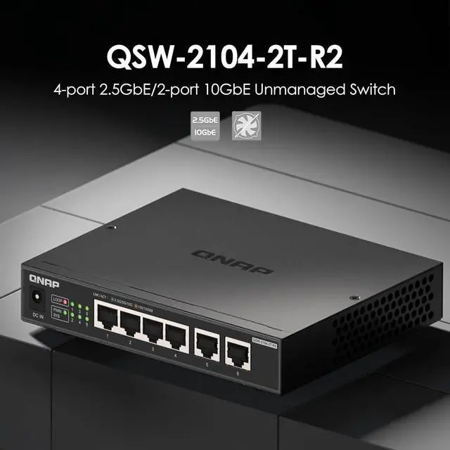 Alt view image 2 of 5 - QNAP 4-Port 2.5Gbps & 2-Port 10BASE-T Unmanaged Switch (QSW-2104-2T-R2-US)