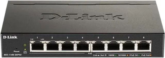 Main image of D-Link 8-Port Gigabit Smart Managed PoE+ Switch | 8 PoE+ Ports (64W) |L2| VLANs| Cable Diagnostics | Web Managed | Desktop | Fanless| NDAA Compliant | Lifetime Protection (DGS-1100-08PV2)