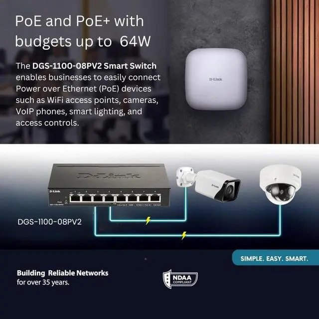 Alt view image 3 of 7 - D-Link 8-Port Gigabit Smart Managed PoE+ Switch | 8 PoE+ Ports (64W) |L2| VLANs| Cable Diagnostics | Web Managed | Desktop | Fanless| NDAA Compliant | Lifetime Protection (DGS-1100-08PV2)