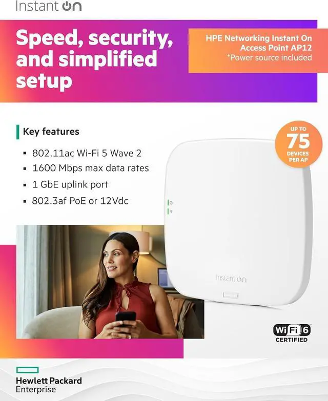 Alt view image 3 of 7 - HPE Networking Instant On Access Point AP12 3x3 WiFi 5 Indoor Wireless Access Point | Power Source Included | US Model (R3J23A)