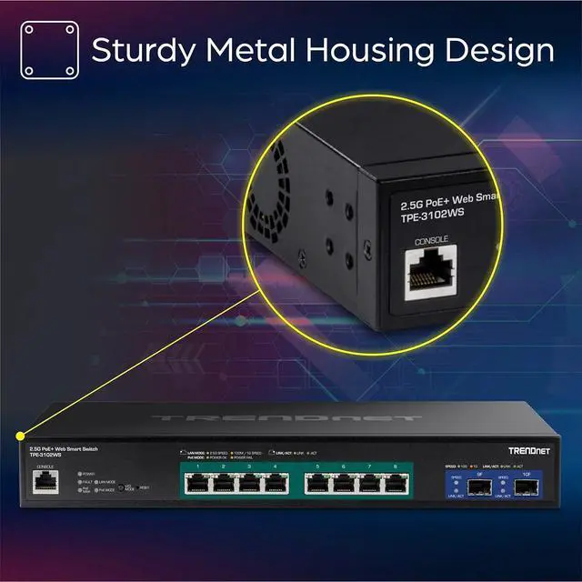 Alt view image 6 of 7 - TRENDnet 10-Port Multi-Gig Web Smart PoE+ Switch, 8 x 2.5GBASE-T PoE+ Ports, 2 x 10G SFP+ Slots, Metal Housing, Managed Network Ethernet Switch, Lifetime Protection, Black, TPE-3102WS