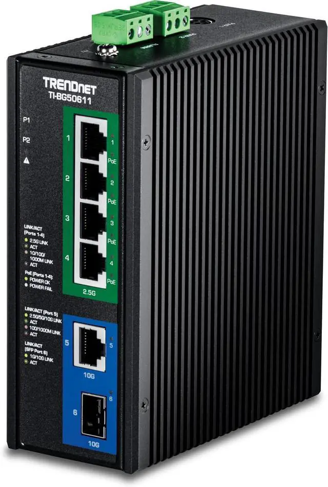 Main image of TRENDnet 6-Port Industrial 2.5G PoE++ DIN-Rail Switch with 10G Ports,TI-BG50611,Multi-Gigabit,4 x 2.G PoE++ Ports, 1 x 10G RJ-45 Port,1 x 10G SFP+ Port,Lifetime Protection, Black