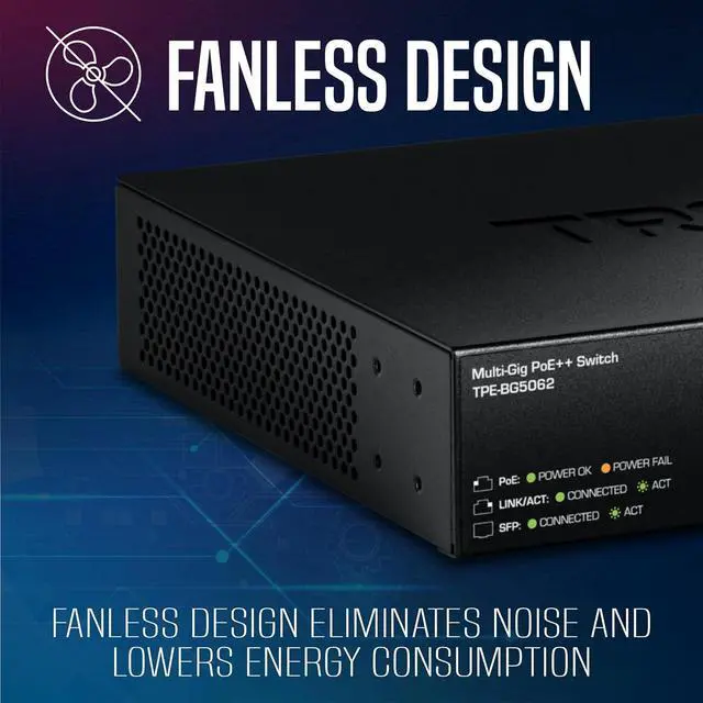 Alt view image 3 of 7 - TRENDnet 6-Port 2.5G GaN Power PoE++ Switch with 10G SFP+ Ports (240W), TPE-BG5062, 4 x 2.5G PoE++ Ports, 2 x 10G SFP+ Ports, 240W, 60Gbps, NDAA TAA Compliant for Government use, Lifetime Protection