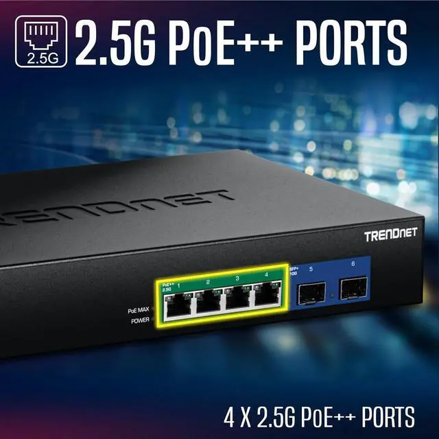 Alt view image 4 of 7 - TRENDnet 6-Port 2.5G GaN Power PoE++ Switch with 10G SFP+ Ports (240W), TPE-BG5062, 4 x 2.5G PoE++ Ports, 2 x 10G SFP+ Ports, 240W, 60Gbps, NDAA TAA Compliant for Government use, Lifetime Protection