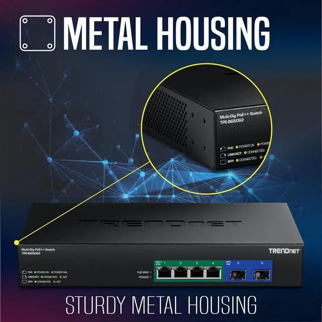 Alt view image 5 of 7 - TRENDnet 6-Port 2.5G GaN Power PoE++ Switch with 10G SFP+ Ports (240W), TPE-BG5062, 4 x 2.5G PoE++ Ports, 2 x 10G SFP+ Ports, 240W, 60Gbps, NDAA TAA Compliant for Government use, Lifetime Protection