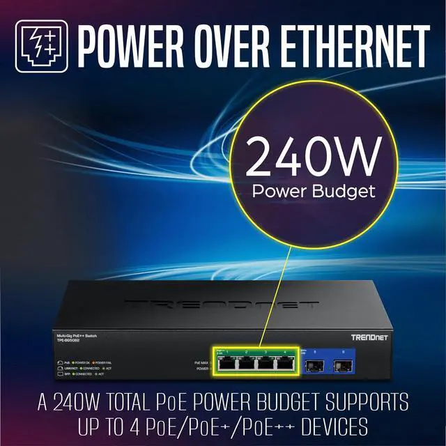 Alt view image 6 of 7 - TRENDnet 6-Port 2.5G GaN Power PoE++ Switch with 10G SFP+ Ports (240W), TPE-BG5062, 4 x 2.5G PoE++ Ports, 2 x 10G SFP+ Ports, 240W, 60Gbps, NDAA TAA Compliant for Government use, Lifetime Protection