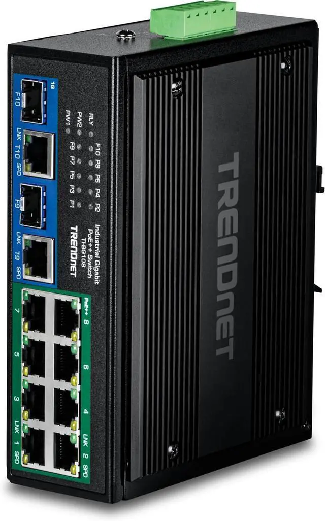 Main image of TRENDnet 10-Port Industrial Gigabit 400W PoE++ DIN-Rail Switch, TI-BG108, 8 x Gigabit PoE++ Ports, 2 x Gigabit Shared Ports (RJ-45 / SFP), 20Gbps, 400W, Lifetime Protection
