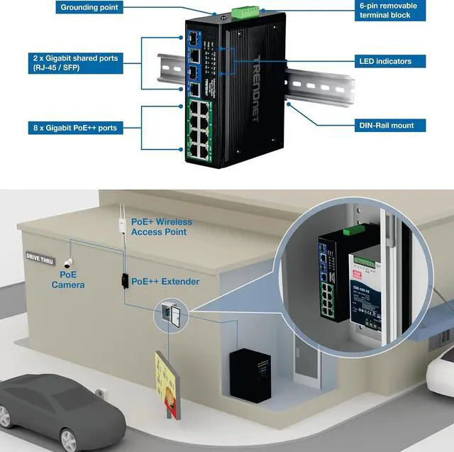 Alt view image 2 of 7 - TRENDnet 10-Port Industrial Gigabit 400W PoE++ DIN-Rail Switch, TI-BG108, 8 x Gigabit PoE++ Ports, 2 x Gigabit Shared Ports (RJ-45 / SFP), 20Gbps, 400W, Lifetime Protection