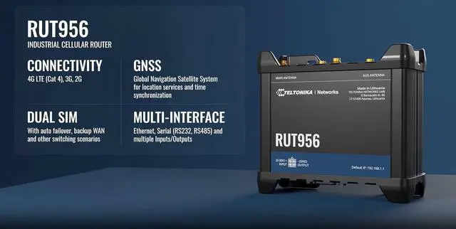 Alt view image 2 of 5 - Teltonika RUT956 Industrial 4G LTE Router  Dual SIM Failover, GNSS GPS Tracking, VPN & RMS Support (RUT956A00A00)