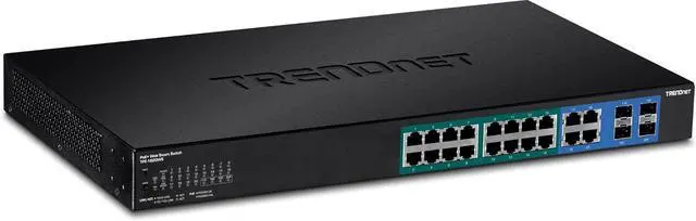 Main image of TRENDnet 16-Port Gigabit PoE+ Web Smart Switch with 2 Shared SFP Slots, Up to 30 W Per Port, 185 W Total Power Budget, Rack Mountable, TPE-1620WS, black