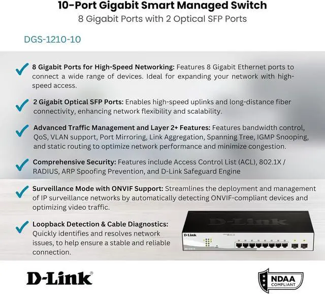 Alt view image 2 of 7 - D-Link 10-Port Gigabit Smart Managed Switch | 8 GbE + 2 SFP Ports | L2+ | VLANs | Cable Diagnostics | Web Managed | Desktop or Rackmount | Fanless | NDAA Compliant | Lifetime Protection (DGS-1210-10)