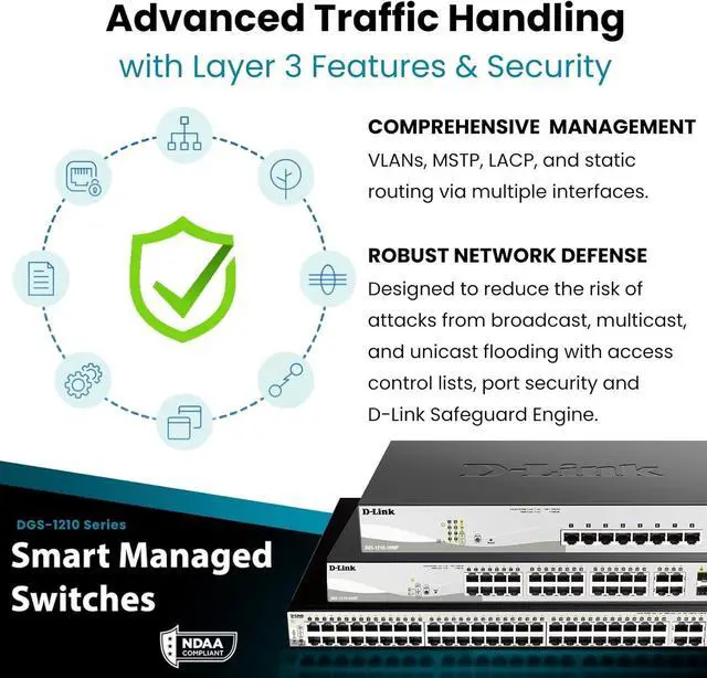Alt view image 4 of 7 - D-Link 10-Port Gigabit Smart Managed Switch | 8 GbE + 2 SFP Ports | L2+ | VLANs | Cable Diagnostics | Web Managed | Desktop or Rackmount | Fanless | NDAA Compliant | Lifetime Protection (DGS-1210-10)