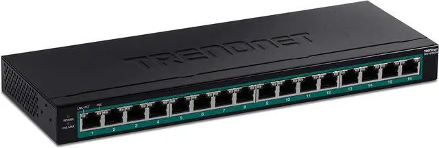 Main image of TRENDnet 16-Port Gigabit PoE+ Switch, TPE-TG160H, 123W PoE Power Budget, 32 Gbps Switching Capacity, Desktop Switch, Ethernet Network Switch, Metal, 1U 10" Rack Mountable, Lifetime Protection
