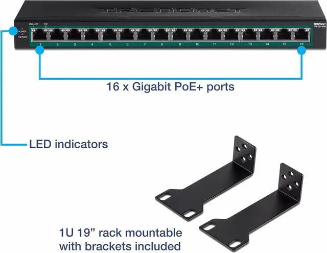 Alt view image 4 of 7 - TRENDnet 16-Port Gigabit PoE+ Switch, TPE-TG160H, 123W PoE Power Budget, 32 Gbps Switching Capacity, Desktop Switch, Ethernet Network Switch, Metal, 1U 10" Rack Mountable, Lifetime Protection