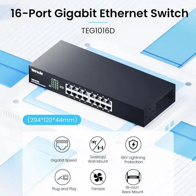 Alt view image 2 of 7 - Tenda TEG1016D, 16-Port Gigabit Switch, Unmanaged Desktop Network Hub, Office Ethernet Switch, Sturdy Metal, Fanless, Traffic Optimization, Limited Lifetime Protection