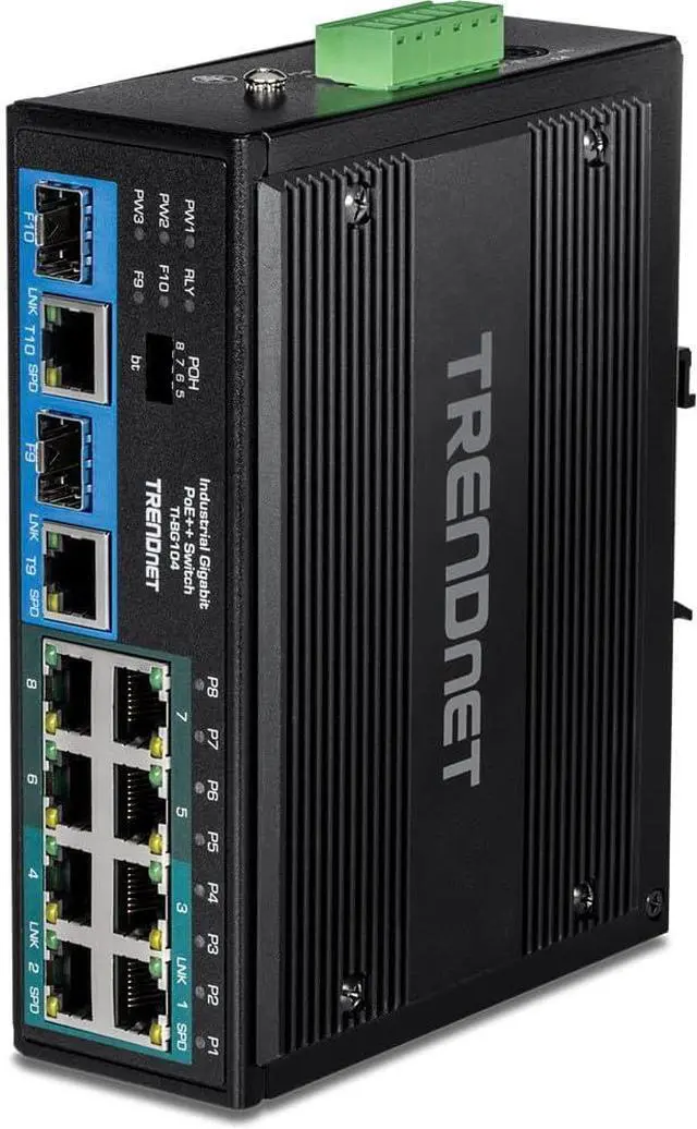 Main image of TRENDnet 10-Port Hardened Industrial Unmanaged Gigabit PoE ++ DIN-Rail Switch, 4 Gigabit PoE++ Ports, 4 Gigabit PoE+, 2 Gigabit Share Ports SFP or RJ-45, 360W Power Budget, Black, TI-BG104