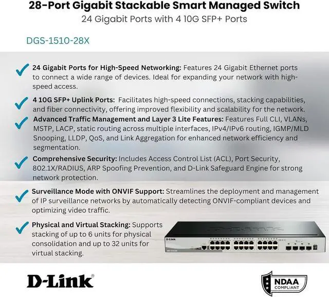 Alt view image 2 of 7 - D-Link 28-Port Gigabit Stackable Smart Managed Switch with 10G Uplinks | 24 Gigabit + 4 10GbE SFP+ Ports| L2+/L3 Lite |VLANs |Web Managed |Surveillance Mode |NDAA Compliant (DGS-1510-28X)