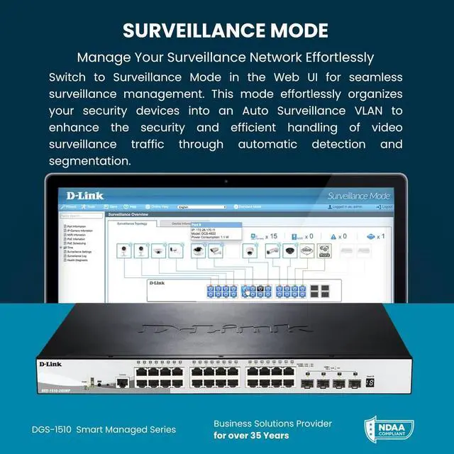 Alt view image 7 of 7 - D-Link 28-Port Gigabit Stackable Smart Managed Switch with 10G Uplinks | 24 Gigabit + 4 10GbE SFP+ Ports| L2+/L3 Lite |VLANs |Web Managed |Surveillance Mode |NDAA Compliant (DGS-1510-28X)
