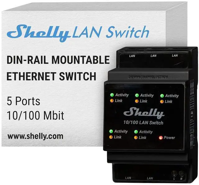 Main image of Shelly LAN Switch | 5 Port RJ45 10/100 Mbps Fast Ethernet Switch | DIN-Mountable | Fanless | Plug & Play | Energy-Saving | Easy Installation & Configuration | No Additional Adapter Required