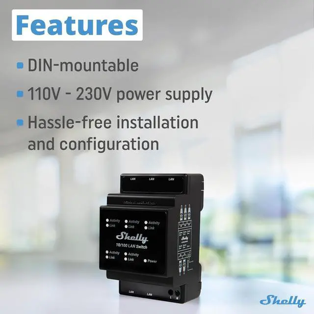 Alt view image 3 of 7 - Shelly LAN Switch | 5 Port RJ45 10/100 Mbps Fast Ethernet Switch | DIN-Mountable | Fanless | Plug & Play | Energy-Saving | Easy Installation & Configuration | No Additional Adapter Required