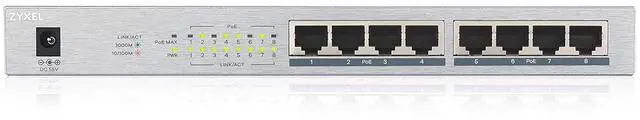 Main image of Zyxel 8 Port Gigabit Ethernet Unmanaged POE+ Switch | 8 x PoE+ @ 60W | Plug & Play | Sturdy Metal w/Shielded Ports | Desktop or Wall-Mount | Fanless | Lifetime Warranty | Ethernet Splitter | GS1008HP