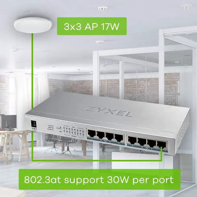 Alt view image 4 of 5 - Zyxel 8 Port Gigabit Ethernet Unmanaged POE+ Switch | 8 x PoE+ @ 60W | Plug & Play | Sturdy Metal w/Shielded Ports | Desktop or Wall-Mount | Fanless | Lifetime Warranty | Ethernet Splitter | GS1008HP