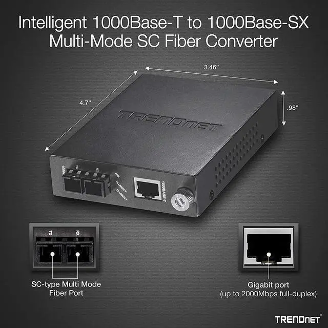 Alt view image 3 of 7 - TRENDnet Intelligent 1000Base-T to 1000Base-SX Multi-Mode SC Fiber Media Converter, Up to 550M (1800 ft), Fiber to Ethernet Converter, 2Gbps Switching Capacity, Lifetime Protection, Black, TFC-1000MSC